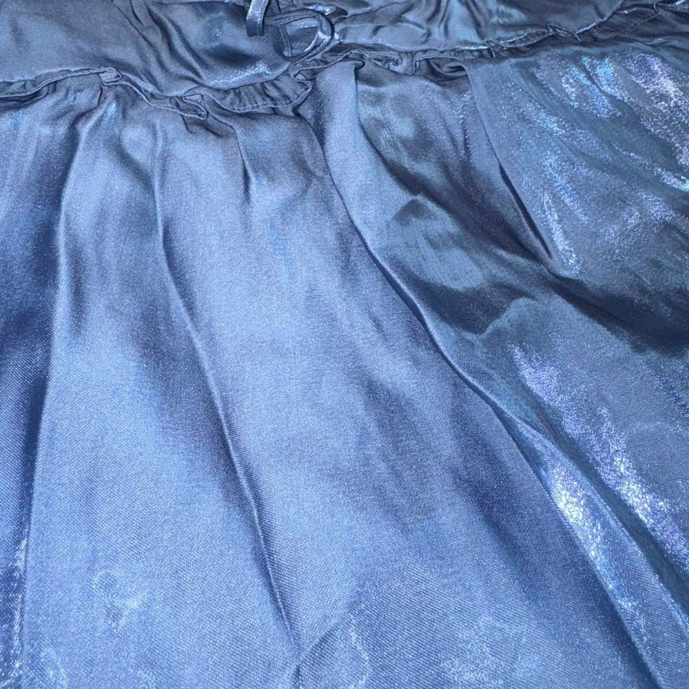 Francescas Metallic Blue Tiered Mini Dress Smocked Puff Sleeve New NWT - Picture 4 of 4